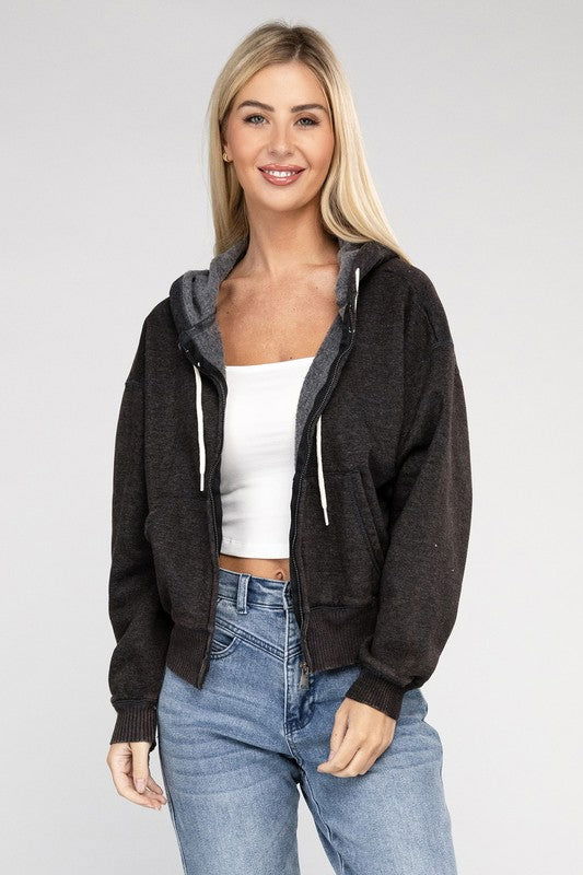 ZENANA Acid Wash Fleece Cropped Zip-Up Hoodie us.meeeshop - 