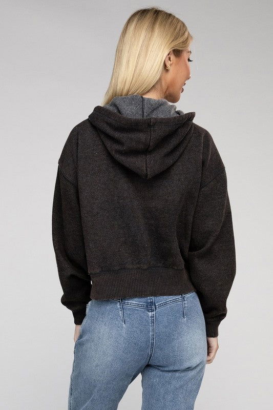 ZENANA Acid Wash Fleece Cropped Zip-Up Hoodie us.meeeshop - 