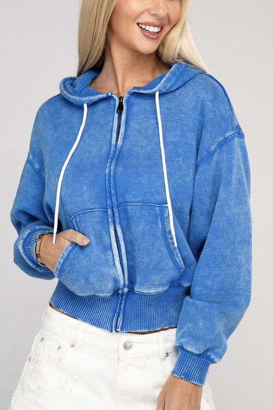 ZENANA Acid Wash Fleece Cropped Zip-Up Hoodie us.meeeshop - 