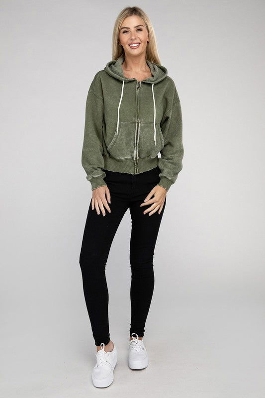 ZENANA Acid Wash Fleece Cropped Zip-Up Hoodie us.meeeshop - 