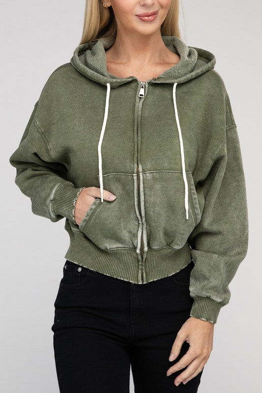 ZENANA Acid Wash Fleece Cropped Zip-Up Hoodie us.meeeshop - 