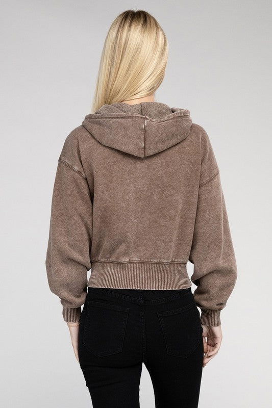 ZENANA Acid Wash Fleece Cropped Zip-Up Hoodie us.meeeshop - 