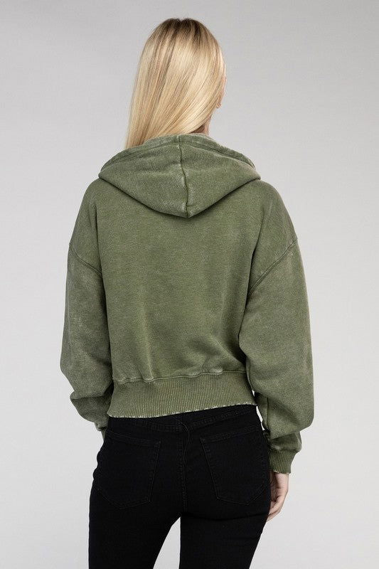 ZENANA Acid Wash Fleece Cropped Zip-Up Hoodie us.meeeshop - 