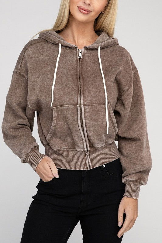 ZENANA Acid Wash Fleece Cropped Zip-Up Hoodie us.meeeshop - 