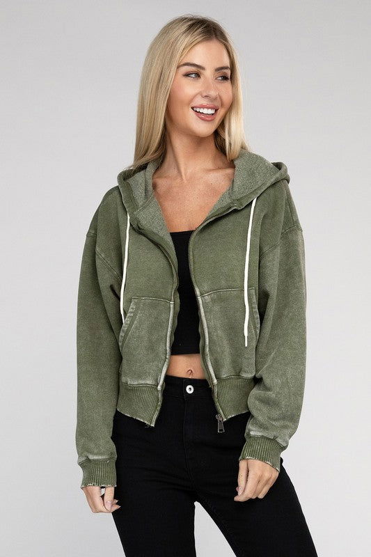 ZENANA Acid Wash Fleece Cropped Zip-Up Hoodie us.meeeshop - 