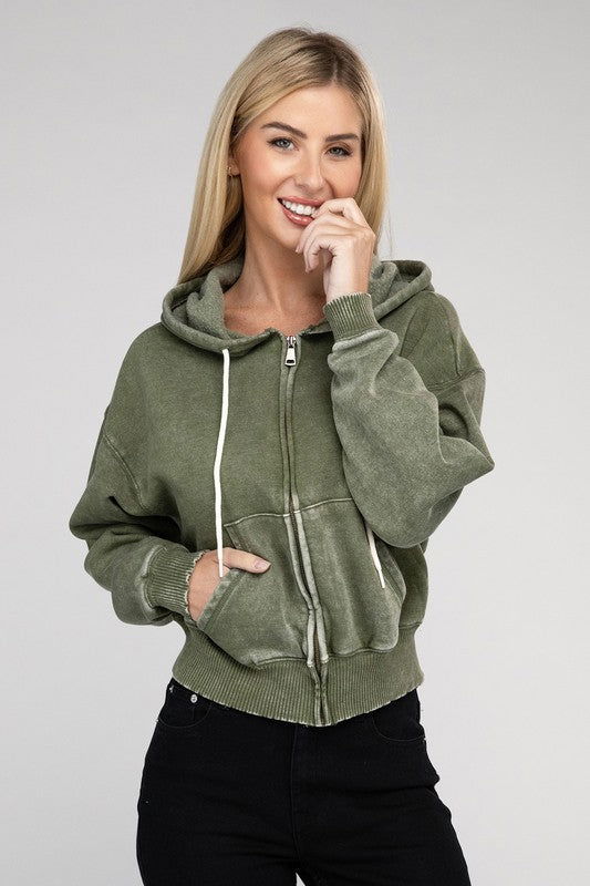 ZENANA Acid Wash Fleece Cropped Zip-Up Hoodie us.meeeshop - 