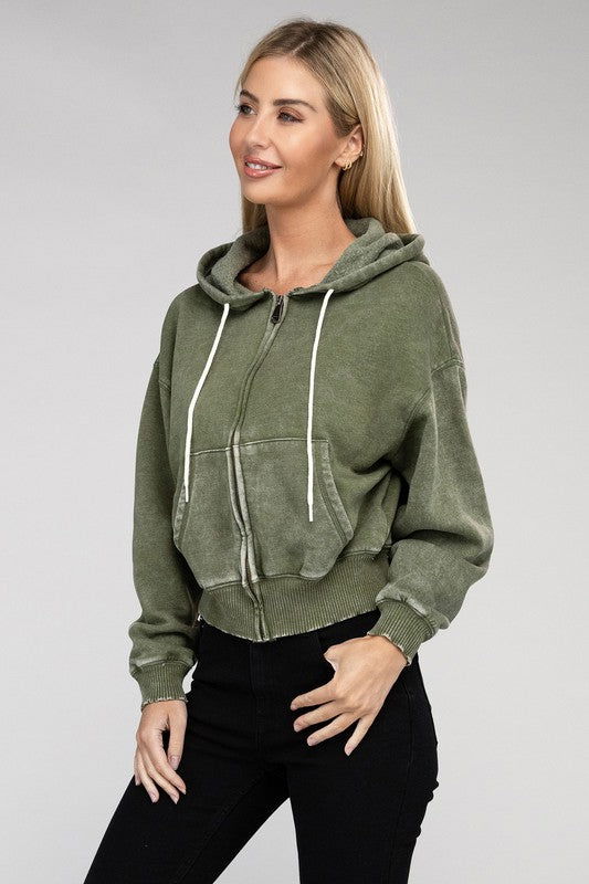 ZENANA Acid Wash Fleece Cropped Zip-Up Hoodie us.meeeshop - 