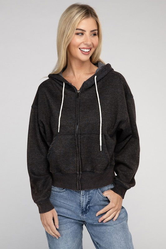 ZENANA Acid Wash Fleece Cropped Zip-Up Hoodie us.meeeshop - 