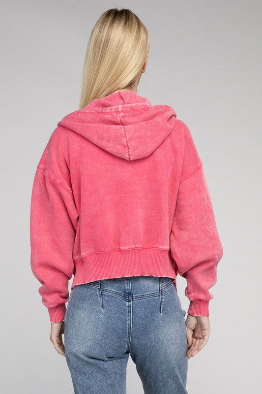 ZENANA Acid Wash Fleece Cropped Zip-Up Hoodie us.meeeshop - 