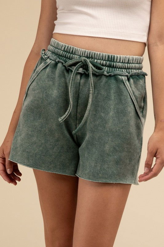 ZENANA Acid Wash Fleece Drawstring Shorts with Pockets us.meeeshop - Shorts