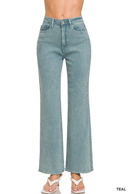 ZENANA Acid Washed Frayed Cutoff Hem Straight Wide Pants us.meeeshop - 