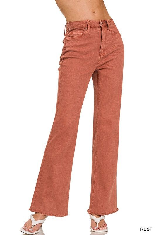 ZENANA Acid Washed Frayed Cutoff Hem Straight Wide Pants us.meeeshop - 