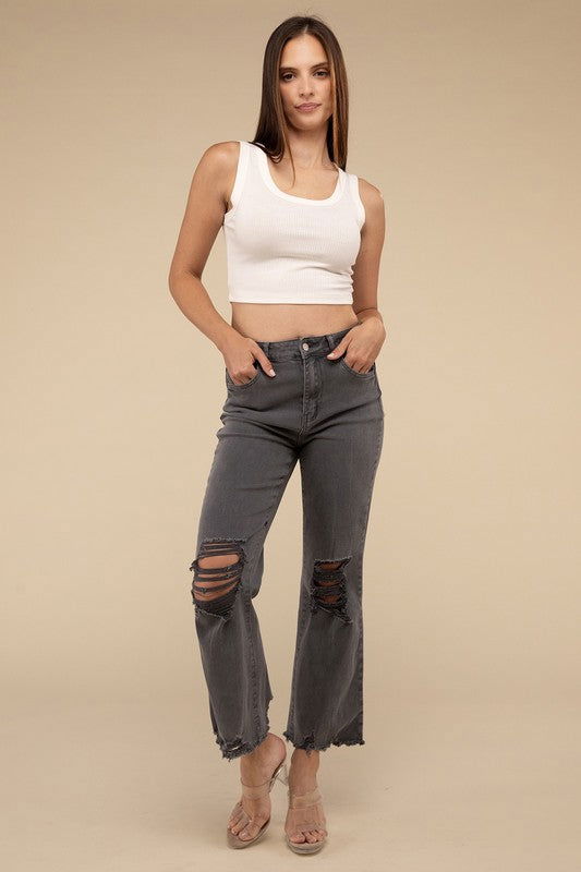 ZENANA Acid Washed High Waist Distressed Straight Pants us.meeeshop - 