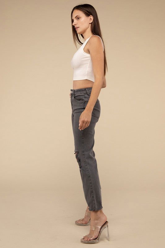 ZENANA Acid Washed High Waist Distressed Straight Pants us.meeeshop - 