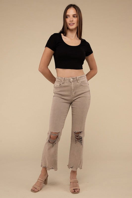 ZENANA Acid Washed High Waist Distressed Straight Pants us.meeeshop - 