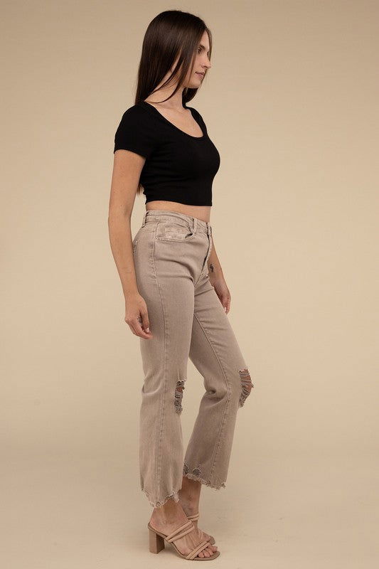 ZENANA Acid Washed High Waist Distressed Straight Pants us.meeeshop - 