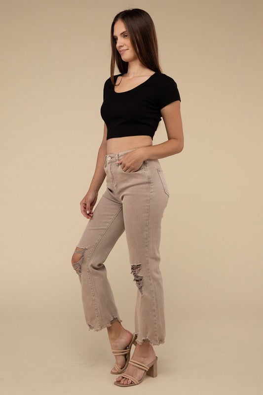 ZENANA Acid Washed High Waist Distressed Straight Pants us.meeeshop - 