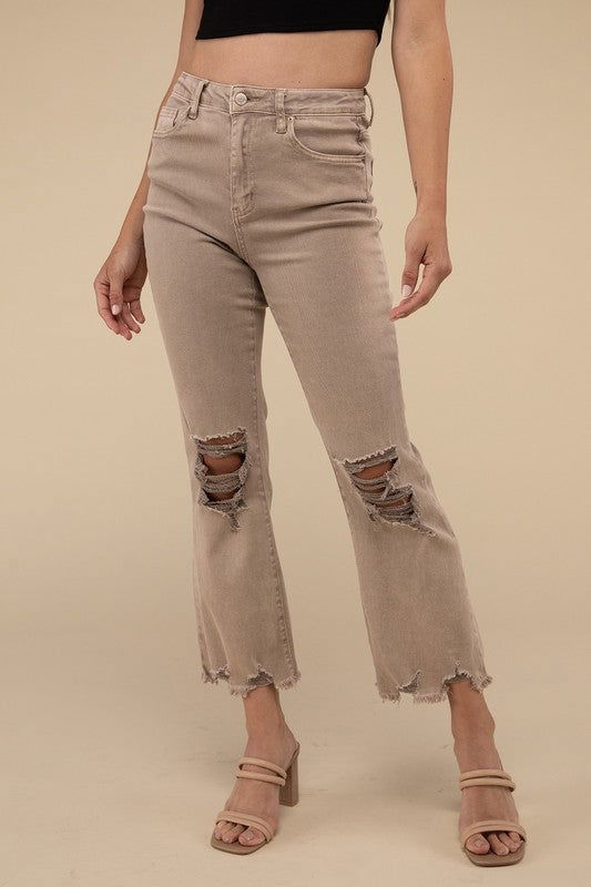 ZENANA Acid Washed High Waist Distressed Straight Pants us.meeeshop - Pants