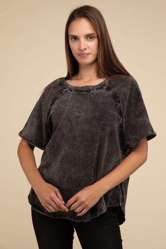 ZENANA Back Patch Crinkle Washed Raglan Sleeve T-Shirt us.meeeshop - 