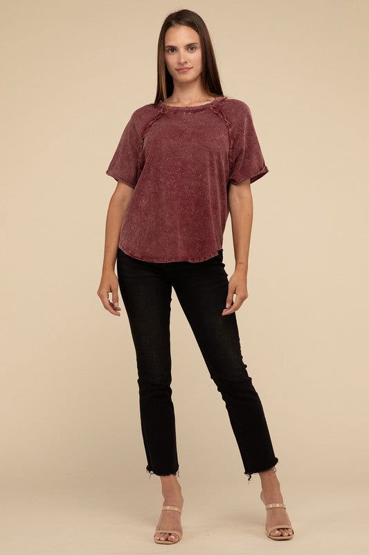 ZENANA Back Patch Crinkle Washed Raglan Sleeve T-Shirt us.meeeshop - 