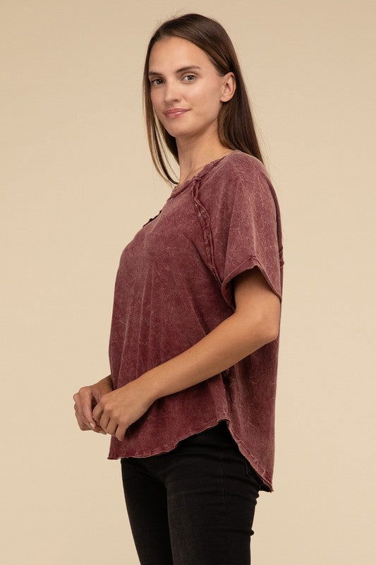 ZENANA Back Patch Crinkle Washed Raglan Sleeve T-Shirt us.meeeshop - 