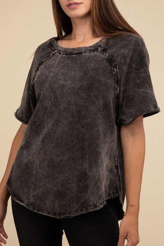 ZENANA Back Patch Crinkle Washed Raglan Sleeve T-Shirt us.meeeshop - 