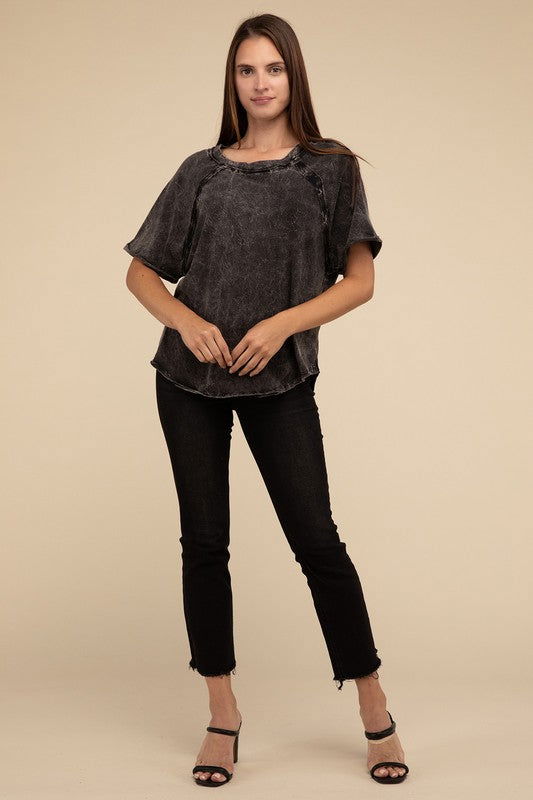 ZENANA Back Patch Crinkle Washed Raglan Sleeve T-Shirt us.meeeshop - 