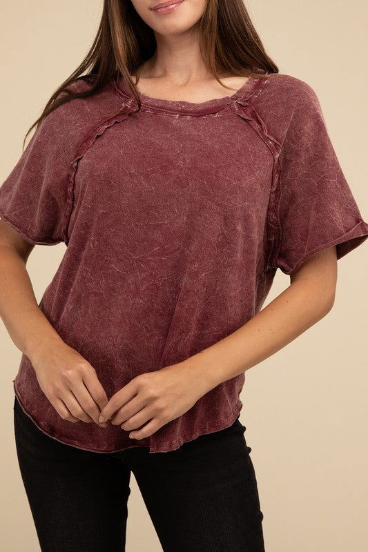 ZENANA Back Patch Crinkle Washed Raglan Sleeve T-Shirt us.meeeshop - 