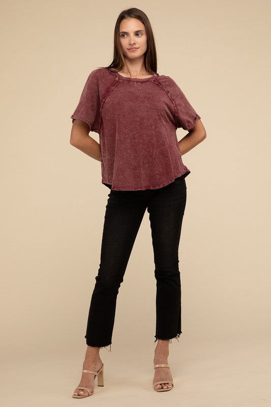 ZENANA Back Patch Crinkle Washed Raglan Sleeve T-Shirt us.meeeshop - 