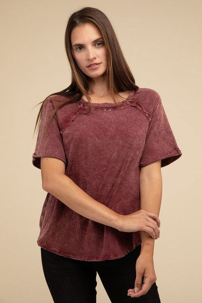 ZENANA Back Patch Crinkle Washed Raglan Sleeve T-Shirt us.meeeshop - Shirts & Tops