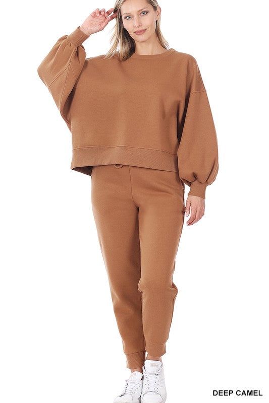 ZENANA Balloon Sleeve Sweatshirt & Sweatpants Set us.meeeshop - Outfit Sets