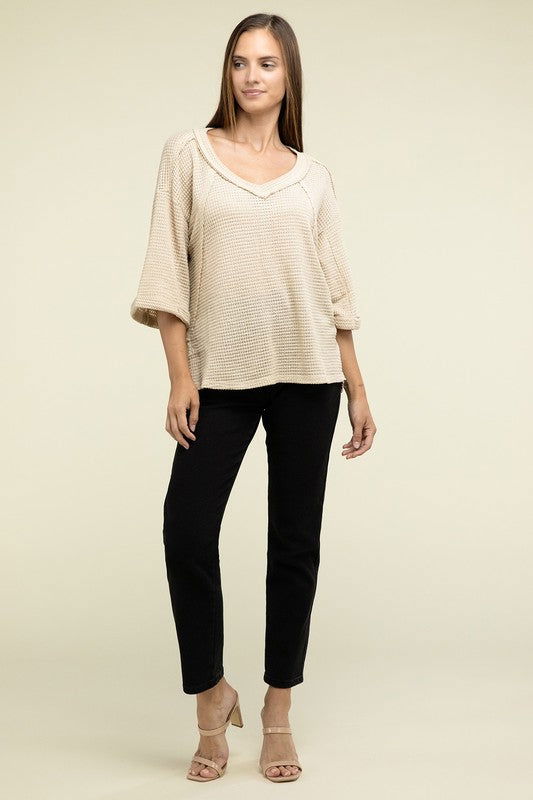 ZENANA Brushed Waffle Exposed-Seam 3/4 Sleeve Top us.meeeshop - 