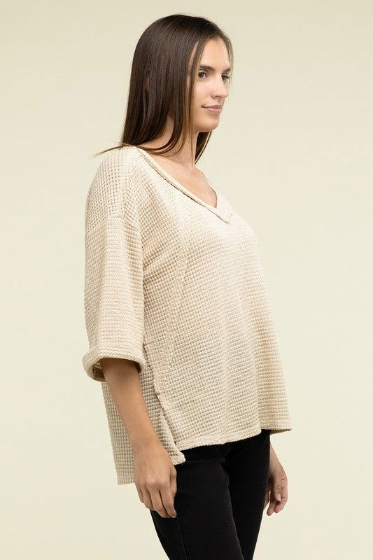 ZENANA Brushed Waffle Exposed-Seam 3/4 Sleeve Top us.meeeshop - 