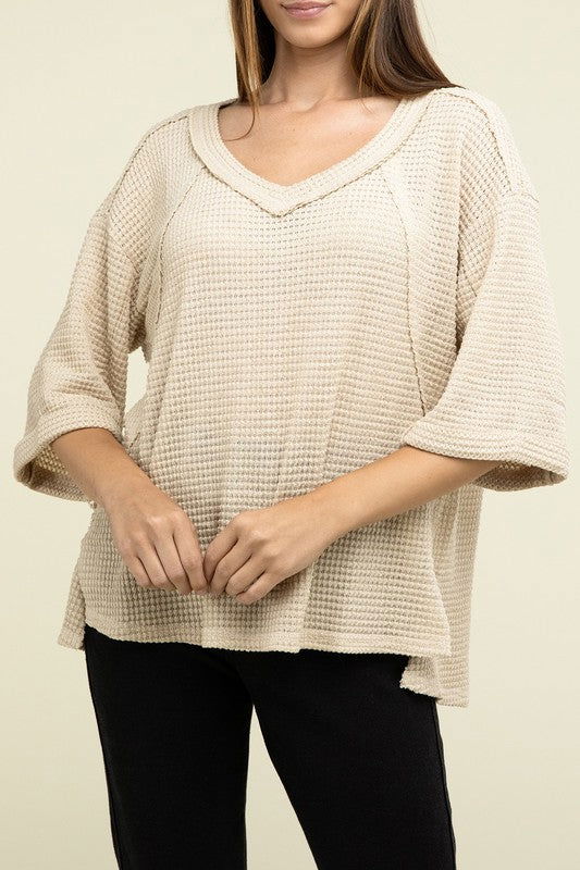 ZENANA Brushed Waffle Exposed-Seam 3/4 Sleeve Top us.meeeshop - 