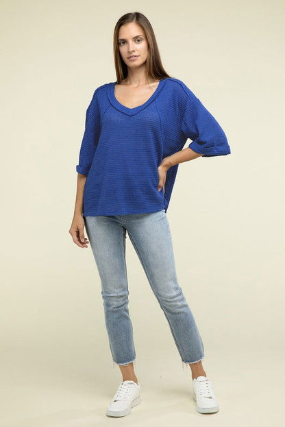 ZENANA Brushed Waffle Exposed-Seam 3/4 Sleeve Top us.meeeshop - 