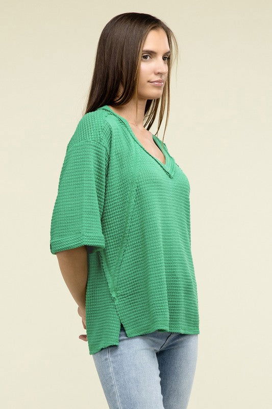 ZENANA Brushed Waffle Exposed-Seam 3/4 Sleeve Top us.meeeshop - 