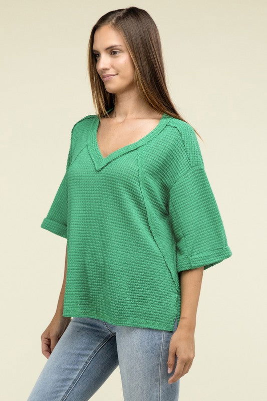 ZENANA Brushed Waffle Exposed-Seam 3/4 Sleeve Top us.meeeshop - 