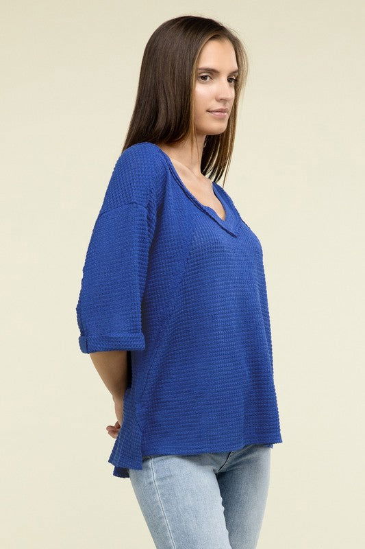 ZENANA Brushed Waffle Exposed-Seam 3/4 Sleeve Top us.meeeshop - 