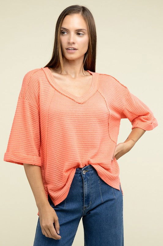 ZENANA Brushed Waffle Exposed-Seam 3/4 Sleeve Top us.meeeshop - 