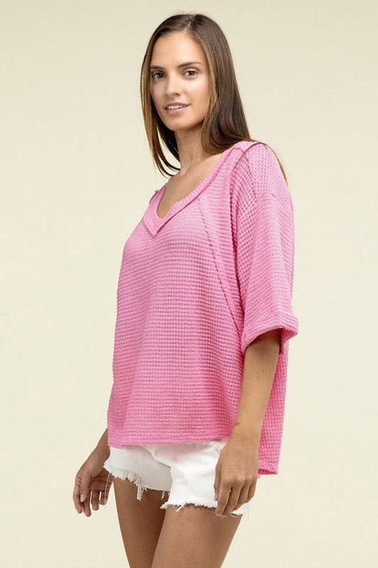 ZENANA Brushed Waffle Exposed-Seam 3/4 Sleeve Top us.meeeshop - 