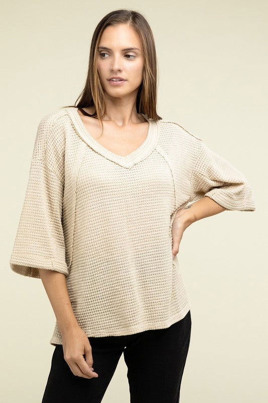 ZENANA Brushed Waffle Exposed-Seam 3/4 Sleeve Top us.meeeshop - 