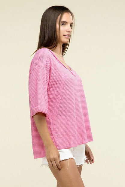 ZENANA Brushed Waffle Exposed-Seam 3/4 Sleeve Top us.meeeshop - 