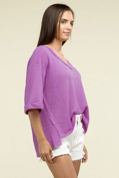 ZENANA Brushed Waffle Exposed-Seam 3/4 Sleeve Top us.meeeshop - 