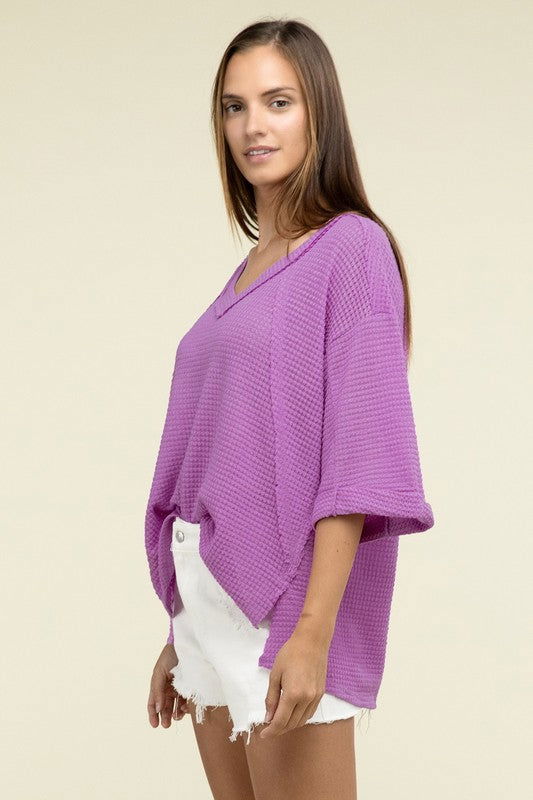 ZENANA Brushed Waffle Exposed-Seam 3/4 Sleeve Top us.meeeshop - 