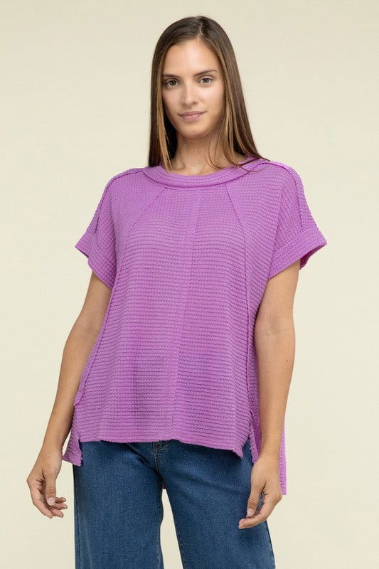 ZENANA Brushed Waffle Exposed-Seam Short Sleeve Top us.meeeshop - 