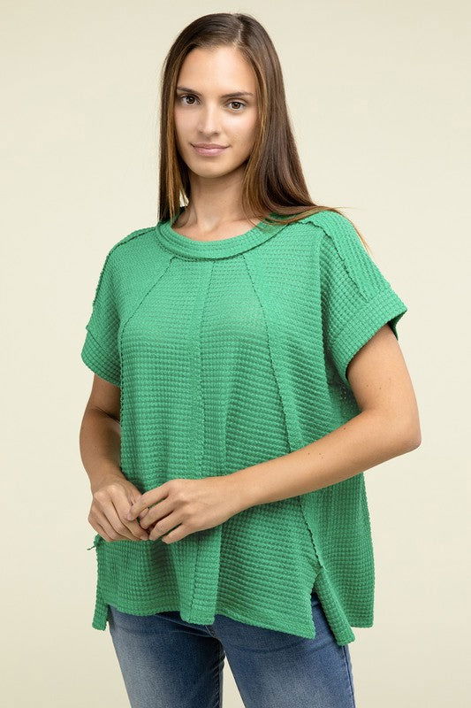 ZENANA Brushed Waffle Exposed-Seam Short Sleeve Top us.meeeshop - 