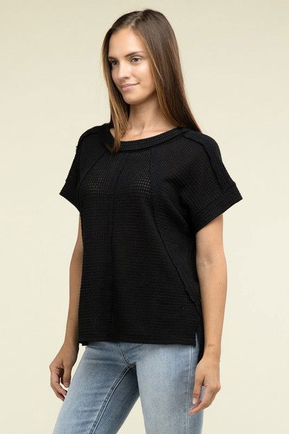 ZENANA Brushed Waffle Exposed-Seam Short Sleeve Top us.meeeshop - 