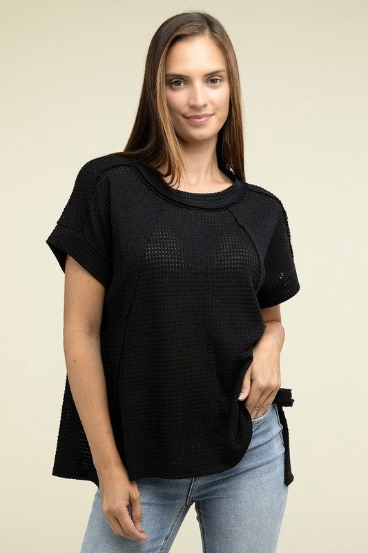 ZENANA Brushed Waffle Exposed-Seam Short Sleeve Top us.meeeshop - 