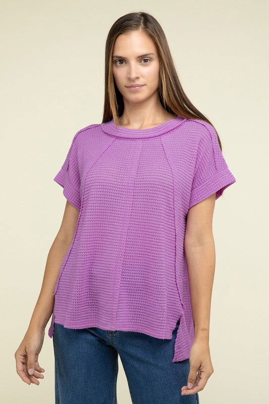 ZENANA Brushed Waffle Exposed-Seam Short Sleeve Top us.meeeshop - Shirts & Tops