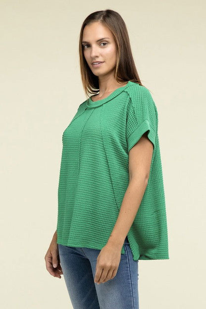 ZENANA Brushed Waffle Exposed-Seam Short Sleeve Top us.meeeshop - 